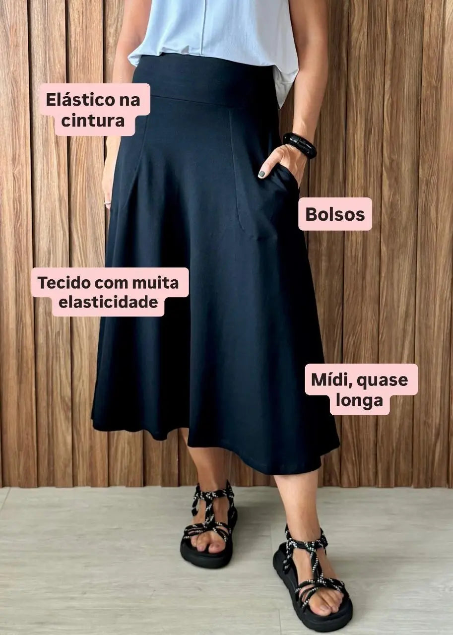 Saia Rodada com bolsos em Moletinho com Elastano (Preto) - Maira da Mai Style