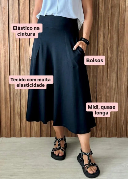 Saia Rodada com bolsos em Moletinho com Elastano (Preto) - Maira da Mai Style